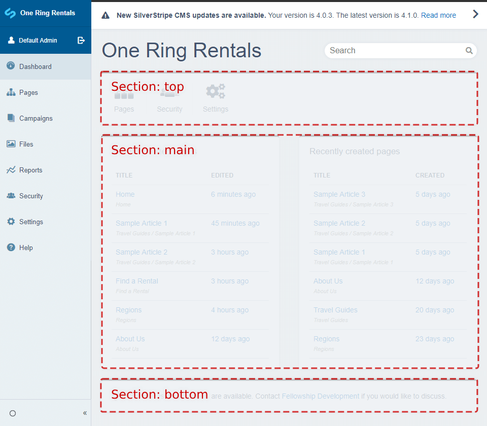 Dashboard module sections screenshot